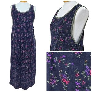 Vtg Erika & Co. Pinwale Corduroy Sz L Overall Jumper Dress Dark Floral Pinafore